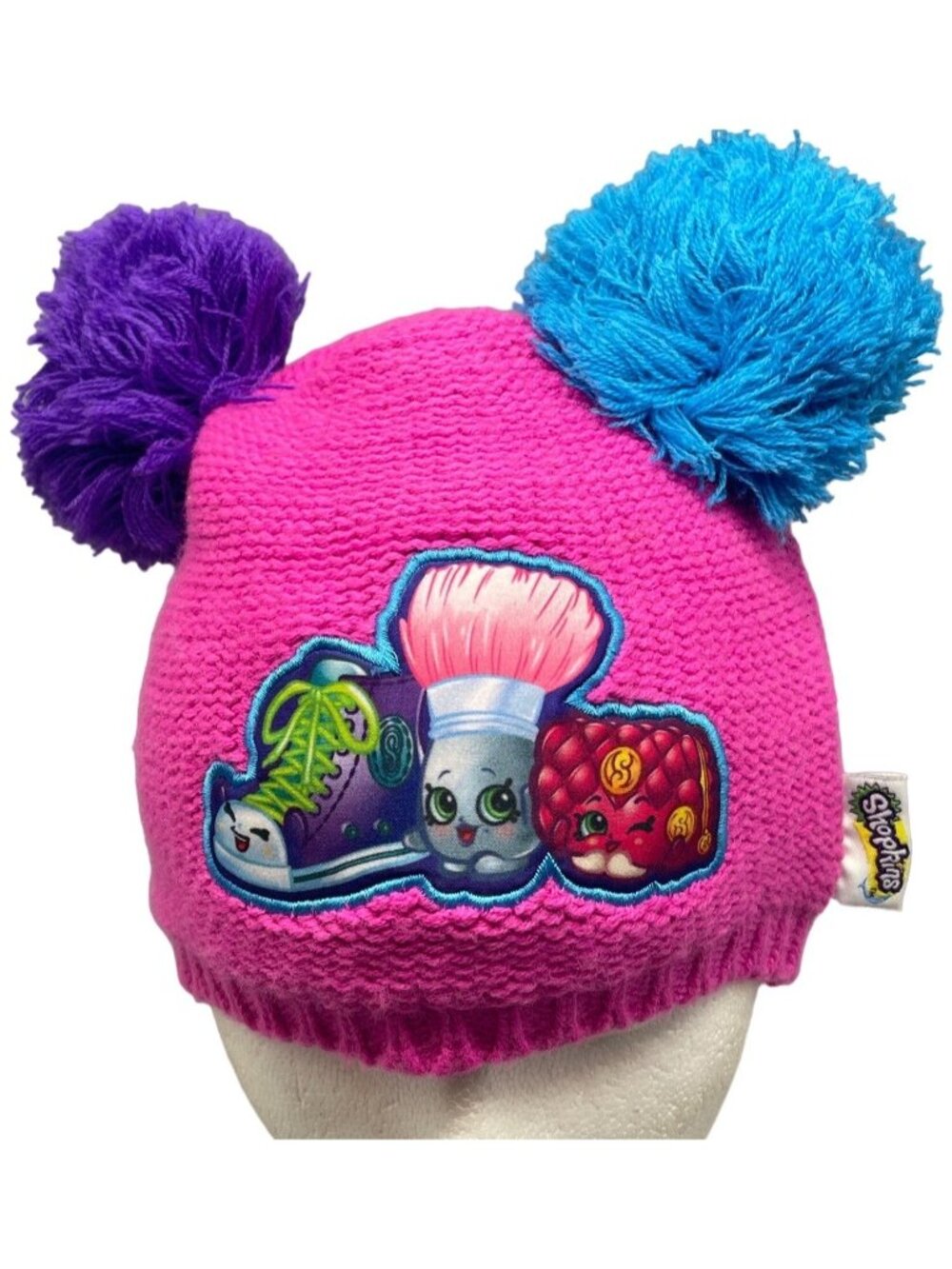 Shopkins beanie two fuzz ball 2013 acrylic girls size 4-14 purple blue pink READ